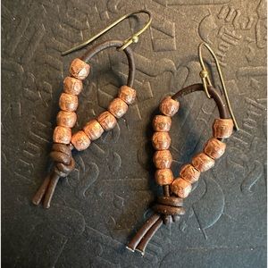 ARTISAN Ethiopian Copper Beads Knotted Brown Leather Bronze Earrings 2” Long